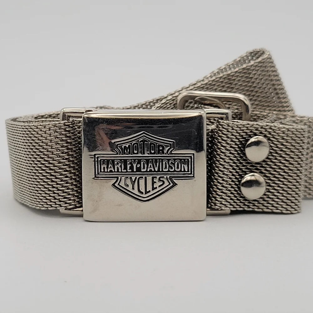 Vintage Harley‑Davidson Mesh Belt with Seat‑Belt‑Style Buckle in Silver Tone - Picture 6 of 11